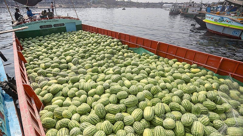 Watermelons arrive at Waisghat along the Buriganga River from the southern parts of the country. Photo: Abdullah al Momin