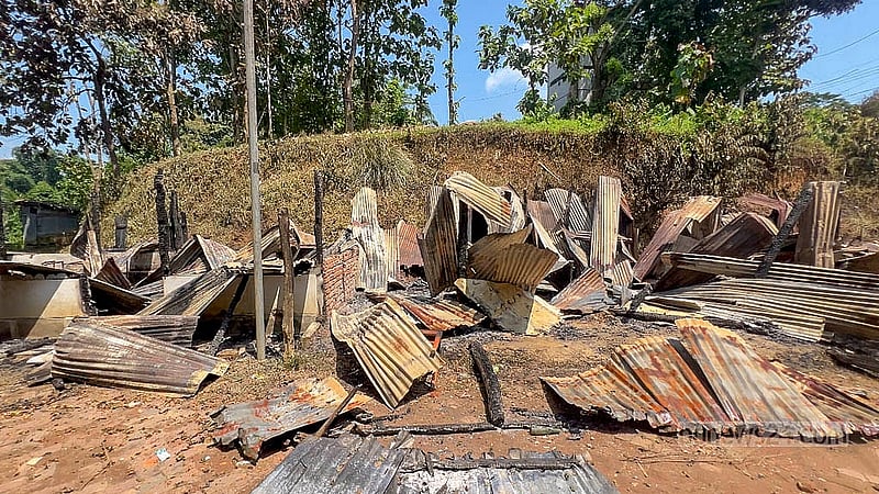 Many shops were left to burn during the violence at Larma Square in Dighinala’s Khagrachhari on Thursday. Four days after the incident, traders remove furniture and goods from the scene on Monday, Sept 23, 2024.