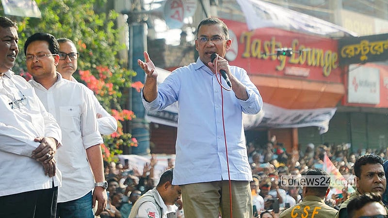 BNP Chairman Tarique Rahman at a rally at Dhaka’s ECB Chattar on Sunday, Feb 8, 2026, as part of the party’s election campaign in Dhaka. Photo: Abdullah Al Momin