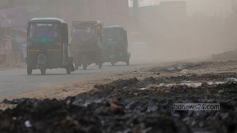 The sale of bricks and sand going on along both sides of the road from Dhaka’s Postogola to Fatullah on the Dhaka-Narayanganj highway. These construction materials are kept in the open. Locals say a large portion of sand from there causes an increase in d