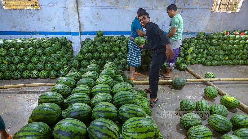 nside a warehouse at Badamtoli Ghat, workers stack watermelons shipped from Gowainghat in Sylhet. Photo: Abdullah Al Momin