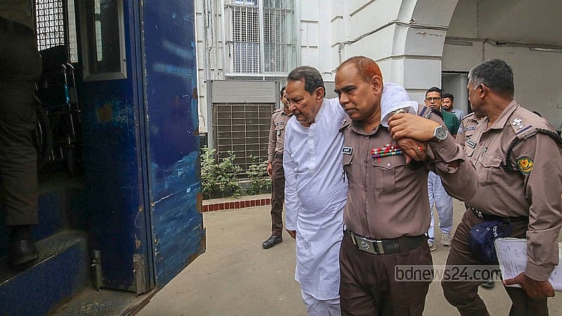 Former information minister and Jatiya Samajtantrik Dal President Hasanul Haq Inu is being assisted into a prison van on Tuesday, Mar 10, 2026, following a hearing at the International Crimes Tribunal.