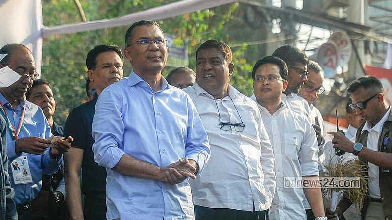 BNP Chairman Tarique Rahman at a party rally at ECB Chattar in Dhaka on Sunday, Feb 8, 2026. Photo: Abdullah Al Momin