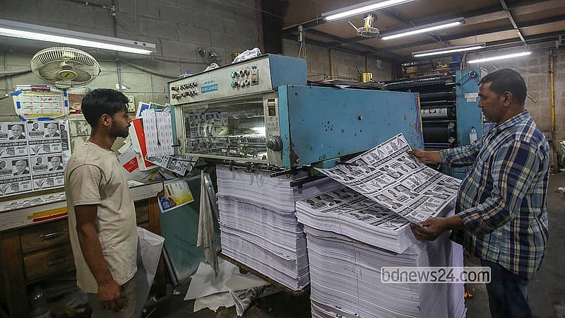 Printing presses in Dhaka’s Fakirapul area are producing campaign leaflets for parliamentary election candidates. Photo: Abdullah Al Momin