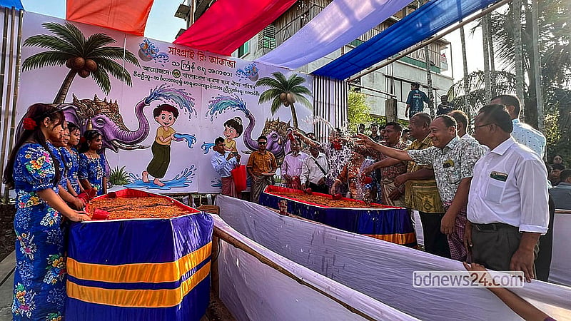 Marma youths take part in traditional water games at the Sangrai festival at the TTC ground in Khagrachhari town on Wednesday, Apr 15, 2026. Photo: Samir Mallik