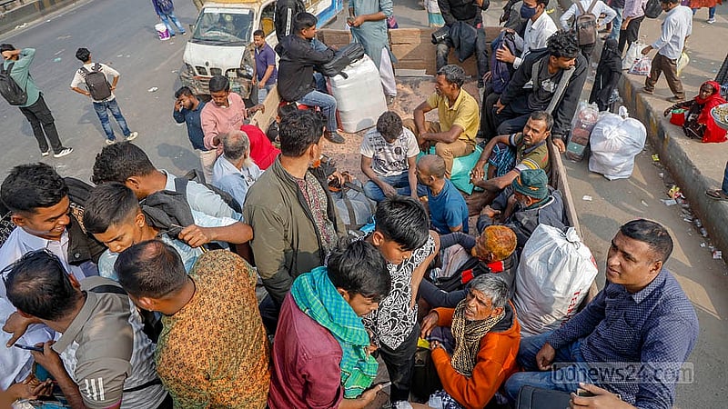 Many people went to Gabtoli Bus Terminal hoping for a bus to return home around the holiday, but were disappointed. Those unable to find a bus resorted to travelling by trucks. Photo: Mahmud Zaman Ovi