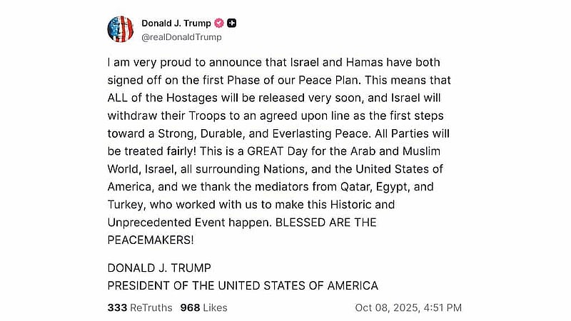 A screen grab of a post by US President Donald Trump on his Truth Social account, announcing that Israel and Hamas have signed off on the first phase of the US-proposed Gaza deal, allowing for the release of all Israeli hostages, on Oct 8, 2025. Photo: Reuters
