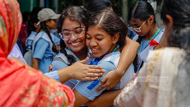 Friends celebrate SSC results at Viqarunnisa Noon School and College on Sunday, May 12, 2024.