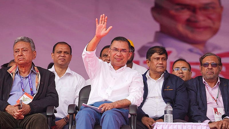 BNP Chairman Tarique Rahman greets party leaders, activists and supporters with a wave during a campaign rally at Chattogram’s Polo Ground on Sunday, Jan 25, 2026.Photo: BNP Media Cell