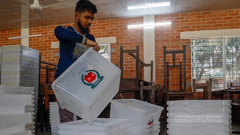 An Election Commission employee prepares ballot boxes for the national election at the Azimpur Government Girls School and College centre in Dhaka on Monday, Feb 9, 2026. Photo: Mahmud Zaman Ovi