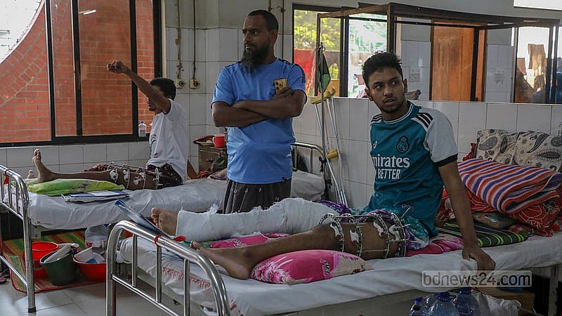 The injured activists are spending their time lying on hospital beds at the National Institute of Traumatology and Orthopaedic Rehabilitation, or NITOR, after their road-blocking demonstration a day earlier calling for better medical care and rehabilitation. Photo: Mahmud Zaman Ovi