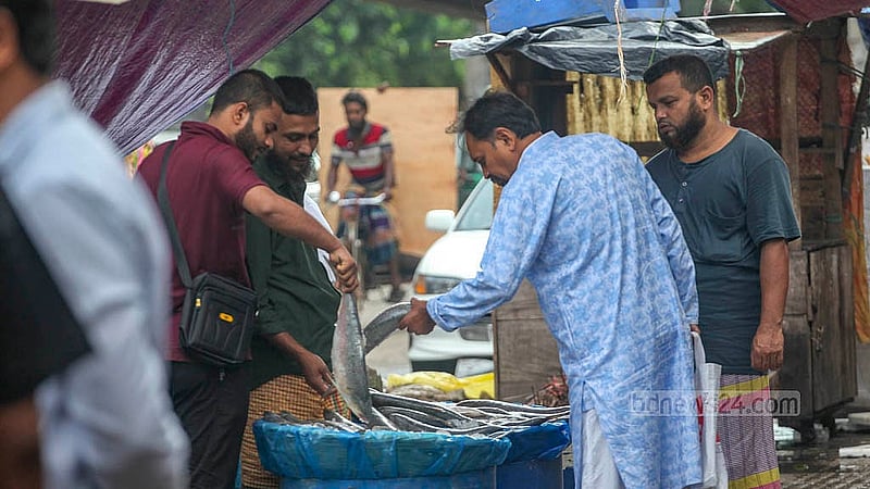A buyer examines hilsa at a footpath stall in front of Karwan Bazar railway gate. Many are walking away due to the high prices. Photo: Abdullah Al Momin