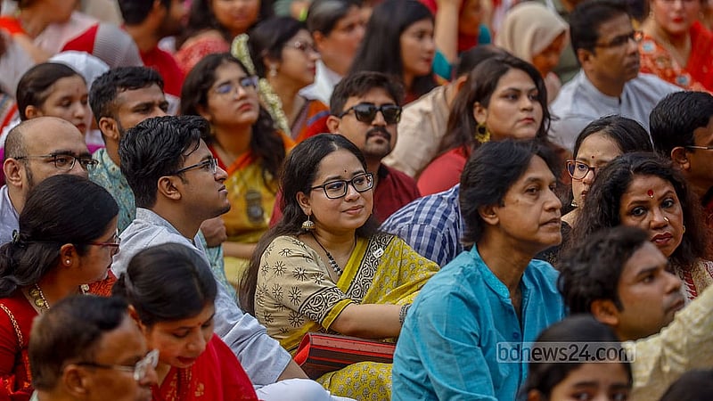 Women dressed in Boishakhi ensemble visit Ramna Batamul to enjoy a cultural event organised by Chhayanaut to welcome the Bengali New Year on Monday, Apr 14, 2025. Photo: Mahmud Zaman Ovi