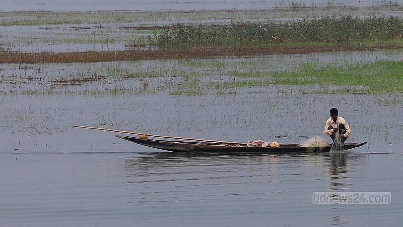 An individual sits in a dinghy while fishing in the clear waters of Tanguar Haor. Photo: Mahmud Zaman Ovi