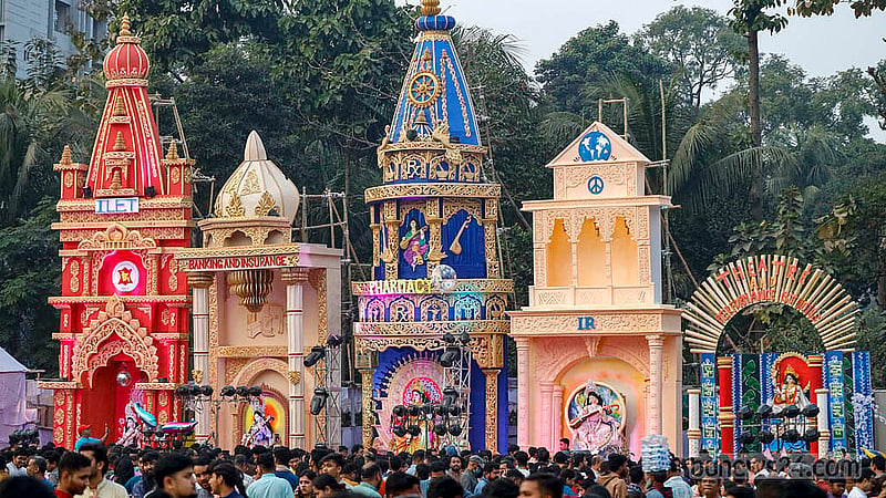 Puja pavilions built by students from different departments of the university on Friday, Jan 23, 2026, at the Jagannath Hall grounds of Dhaka University during Saraswati Puja. Photo: Mahmud Zaman Ovi