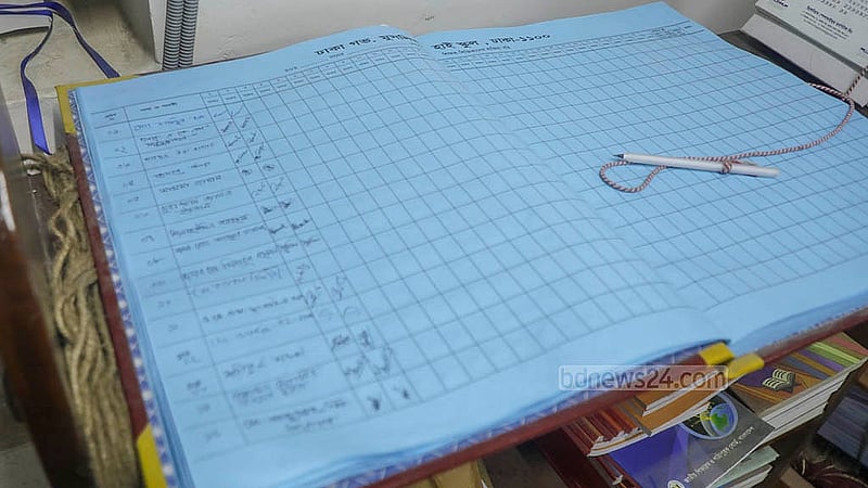 The attendance register of teachers at Government Muslim High School. Teachers sign in but continue their work stoppage over their four-point demand.  Photo: Abdullah al Momin