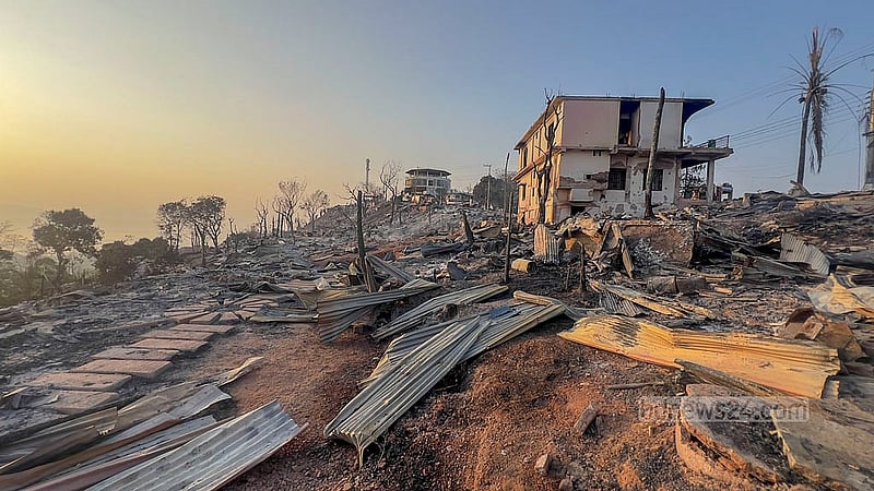 A view of Ruilui Para in Rangamati’s Sajek on Tuesday, Feb 25, 2025 shows the debris left behind after a blaze gutted most of the hotels in the area. Photo: Samir Mallik