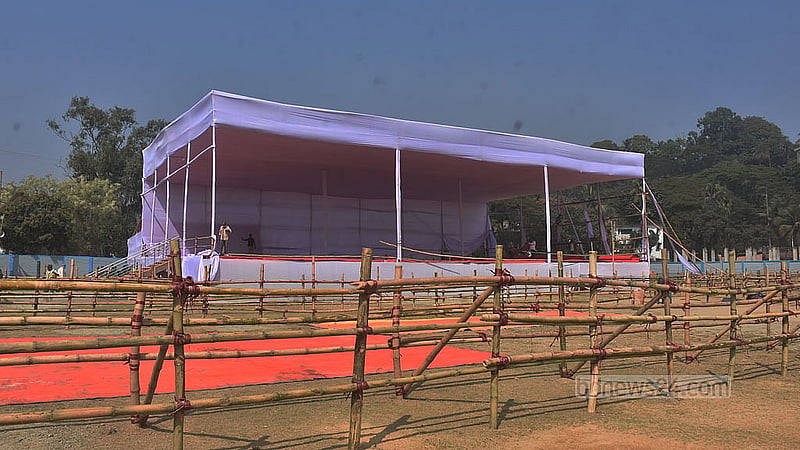 Chattogram’s Polo Ground has been readied with a full rally stage as the port city prepares to welcome BNP chief Tarique Rahman after almost 20 years. Photo: Sumon Babu
