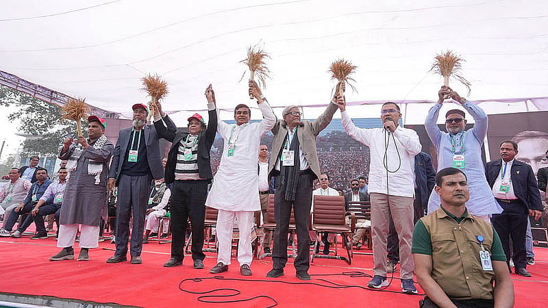 BNP candidates hold sheaves of paddy, the party’s election symbol, at a rally at the Thakurgaon Govt Boys’ High School grounds on Saturday, Feb 7, 2026. Photo: BNP Media Cell