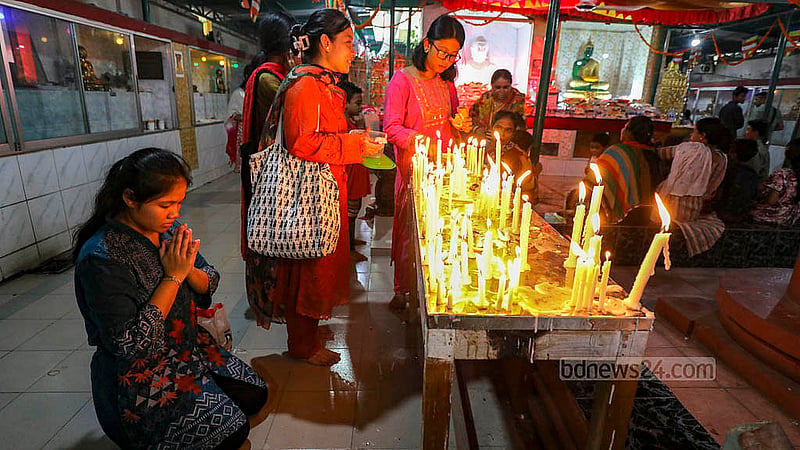 Buddhists celebrate their largest festival Buddha Purnima by lighting candles at Dharmarajik Buddhist Mahavihara in Dhaka’s Sabujbagh on Wednesday, May 22, 2024. Photo: Mahmud Zaman Ovi
