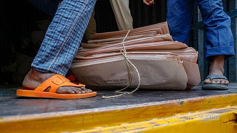 Ballot papers and all related materials for the referendum are being dispatched from Willes Little Flower School and College to assistant returning officers in Dhaka’s 20 constituencies. Photo: Mahmud Zaman Ovi