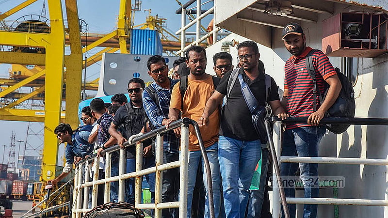 MV Abdullah sailors arrive in the New Mooring Container Terminal of Chattogram Port by another ship from Kutubdia on Tuesday, May 14, 2024. Somali pirates freed MV Abdullah and its crew after holding them hostage for over a month. Photo: Suman Babu