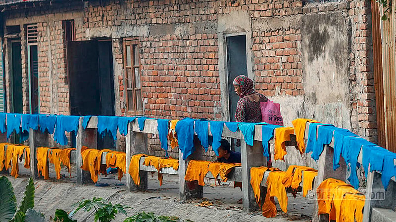 Processed leather of multiple colours is being dried on roadside railings along the canal in Hazaribagh’s Kalunagar. Photo: Mahmud Zaman Ovi