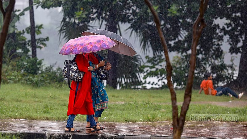 Many people head to their destinations with umbrellas in the rain in Hatirjheel on Sunday noon, Sept 15, 2024. Photo: Mahmud Zaman Ovi