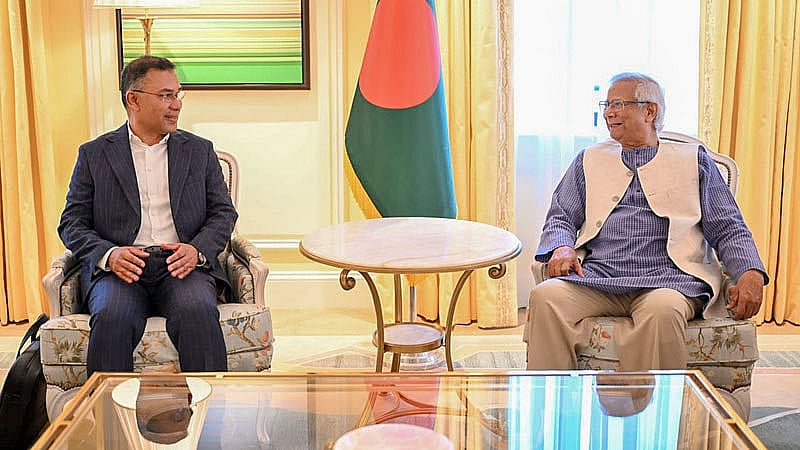Chief Advisor Muhammad Yunus meets with BNP Acting Chairperson Tarique Rahman on Friday, Jun 13, 2025 at The Dorchester hotel in London’s Park Lane. Photo: PID