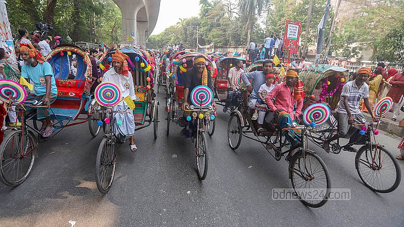Rickshaw pullers also took part in the Bengali New Year’s Ananda Shobhajatra, setting off from the Faculty of Fine Arts on Monday, Apr 14, 2025. Photo: Abdullah Al Momin