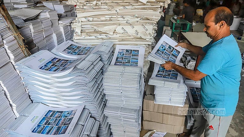 Calendars are bundled together for delivery at a printing press in Dhaka’s Matuail. Photo: Abdullah al Momin