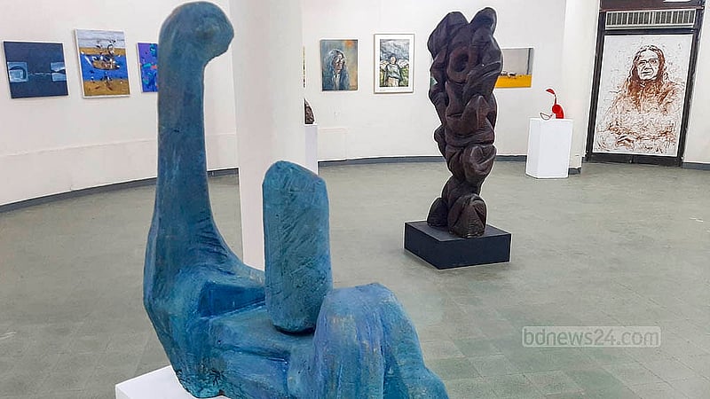 Sculptures are on display alongside paintings at the Zainul Gallery of the Faculty of Fine Arts at Dhaka University to mark the birth centenary of artist SM Sultan. Photo: Abdullah Al Momin