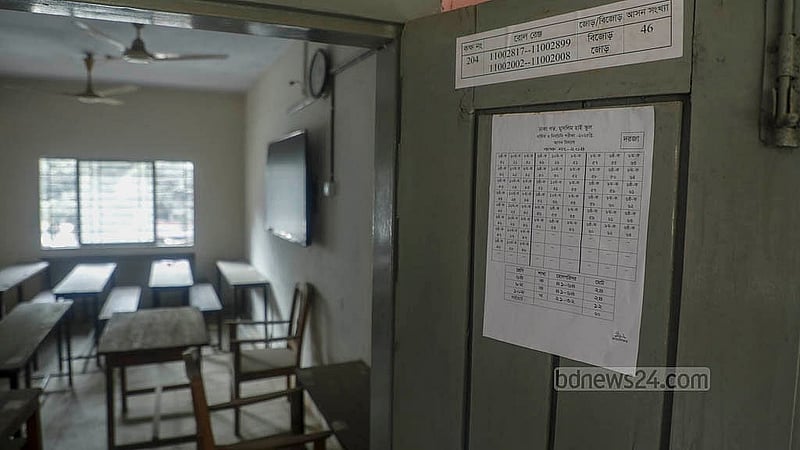 Although six annual examinations have already been completed at Dhaka Government Muslim High School, the remaining exams have been suspended since Monday, Dec 1, 2025, due to the teachers’ work stoppage for their four-point demand.  Photo: Abdullah al Momin