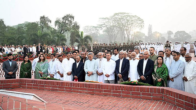 Prime Minister Tarique Rahman leads central BNP leaders in paying respects to the fallen heroes at the National Memorial in Savar on Thursday, Mar 26, 2026. Photo: PID