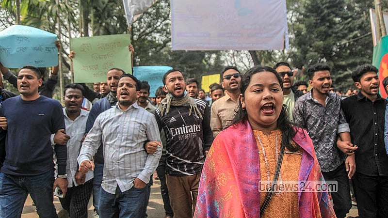 Jatiyatabadi Chhatra Dal (JCD) hold a protest march and rally at Dhaka University on Sunday, Feb 1, 2026, against Jamaat-e-Islami Ameer Shafiqur Rahman’s “misogynistic comments”. Photo: Abdullah Al Momin