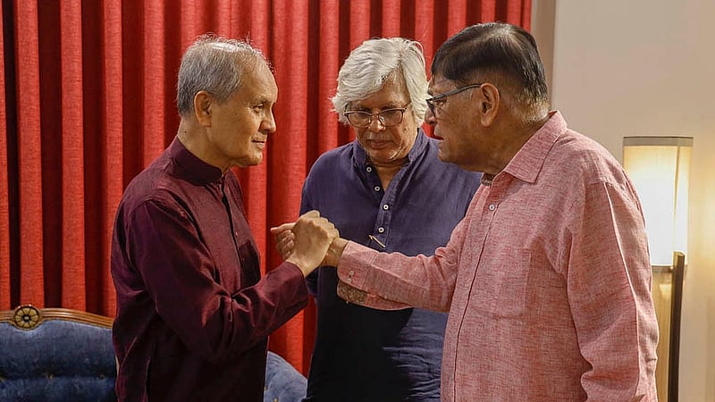 Shahed Akhter, former ambassador of Bangladesh to Spain, Thailand, and Cambodia, and Abdul Karim, former chief secretary, exchange greetings at the celebration, with Bangladesh Chamber of Industries (BCI) President Anwar-ul-Alam Chowdhury Parvez behind them.