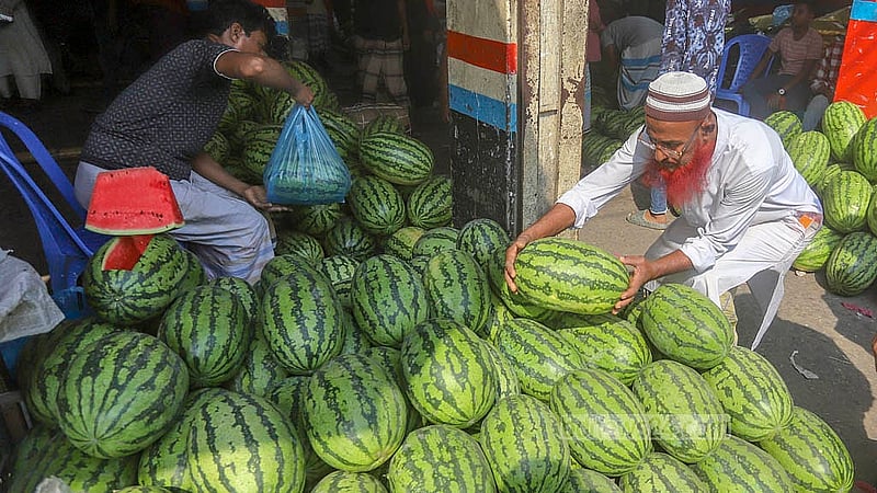 Retailers sell watermelons in the capital’s Sadarghat area at Tk 120 to Tk 600 apiece, depending on the size. Photo: Abdullah al Momin