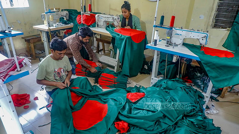 Workers fold the finished flags in a Merajnagar factory.Photo: Abdullah Al Momin