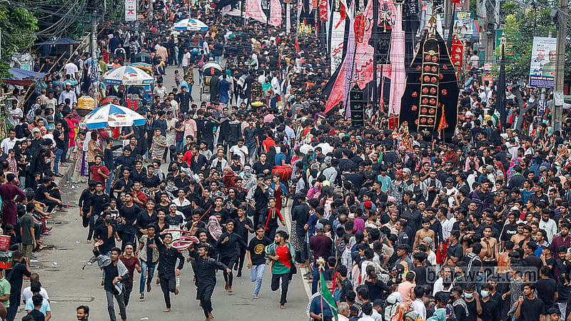 The Tazia procession commemorates the tragic events of Karbala over 1,300 years ago by chanting “Haay Hussain, Haay Hussain” on Sunday, Jul 6, 2025. Photo: Mahmud Zaman Ovi