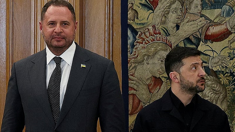 Ukraine's President Volodymyr Zelenskiy and Head of the Office of the President of Ukraine Andriy Yermak pose for the press, as they meet with Spain's King Felipe (not pictured), at the Zarzuela Palace, in Madrid, Spain, Nov 18, 2025. REUTERS/Violeta Santos Moura