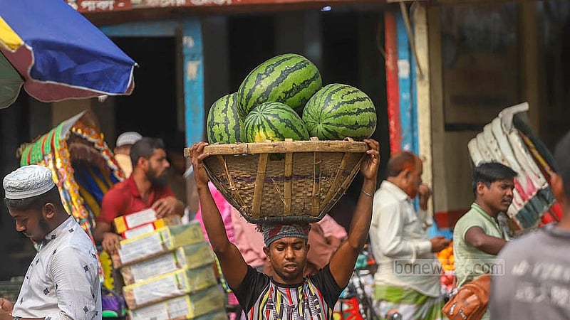 A worker carries a basket of watermelons at the Badamtoli Ghat. The watermelons have been sold for Tk 30,000 per hundred. Photo: Abdullah Al Momin