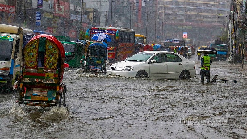 Mirpur’s Darussalam is waterlogged after a day of rain in Dhaka brought on by Cyclone Remal. Photo: Muhammad Mostafigur Rahman