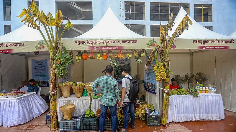 Visitors explore the various stalls at Bailey Road’s hill fruits fair. Photo: Abdullah al Momin
