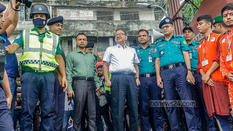 Dhaka Metropolitan Police (DMP) Commissioner Sheikh Md Sazzat Ali at the banks of the Buriganga River in Dhaka's Waizghat on Thursday, Oct 2, 2025, to oversee the idol immersion. Photo: Abdullah Al Momin
