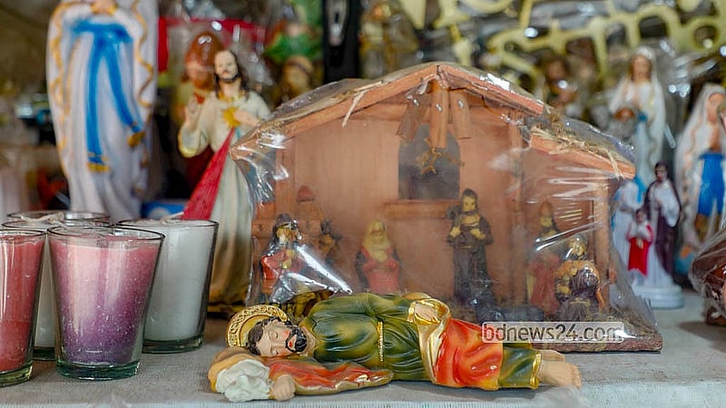 A portrait of the stable in Bethlehem, the birthplace of Jesus, is on sale at a shop outside the Holy Rosary Church in Dhaka. Depending on the design and size, prices range from Tk 200 to Tk 3,000. Photo: Abdullah Al Momin