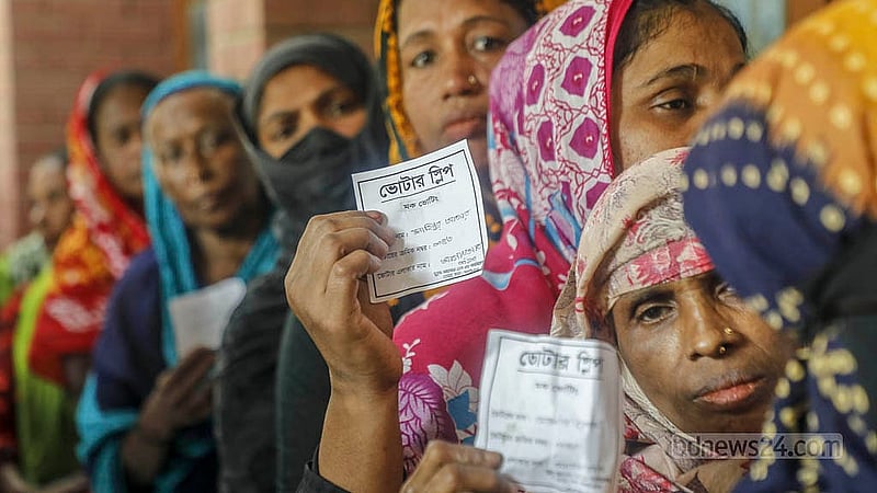 Voters waited in line with slips in hand to cast their votes at the voting exercise before general elections and referendum, at the Sher-e-Bangla Nagar Government Girls' High School in Dhaka on Saturday, Nov 29, 2025. Photo: Abdullah al Momin