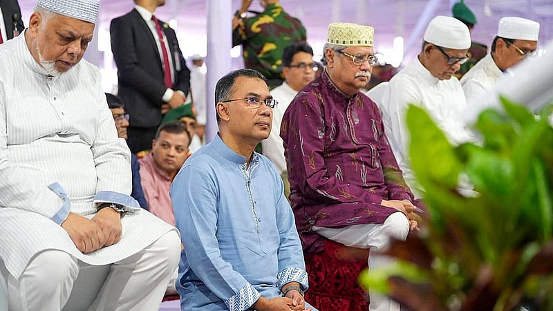 President Md Shahabuddin and Prime Minister Tarique Rahman attend the main Eid-ul-Fitr congregation at the National Eidgah on Saturday, Mar 21, 2026. Photo: PMO