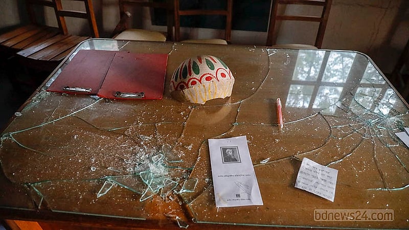 Rubble lies inside Chhayanaut after it was attacked on Dec 18, 2025, along with the offices of Prothom Alo and The Daily Star. Photo: Mahmud Zaman Ovi