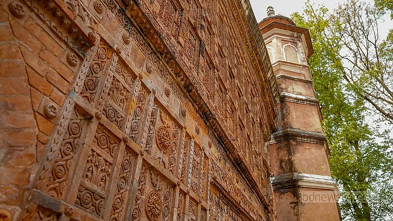 The red brick structure and decorative walls are the highlights of the historic Atia Mosque in Tangail. Photo: Tanzinur Rahman Bhuiyan