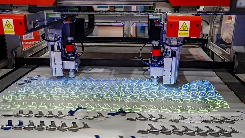 An advanced leather-cutting machine is being showcased at a stall during the Leathertech Bangladesh 2024 exhibition at the Expo Zone of Dhaka’s International Convention City Bashundhara, or ICCB. Photo: Mahmud Zaman Ovi
